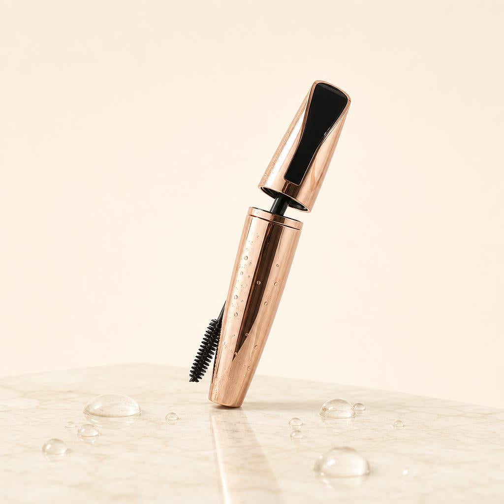 MegaLash Waterproof apoyada sobre mármol con gotas de agua